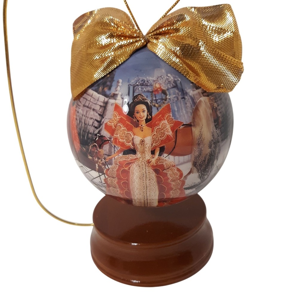 1997 Holiday Barbie 4" Decoupage‎ Ornament With Box & Wooden Display Stand